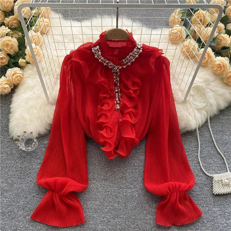 French Elegant Shirts Women Design Diamonds Loose Casual Tops Long Sleeve Ruffles Gentle Office Lady Blouses Spring Purplish Diva
