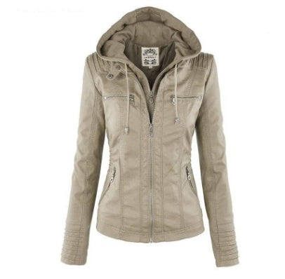 Fashion Detachable Hooded Jacket With Pockets Casual Solid Color Zipper Long Sleeve Leather Coat Autumn Winter Women's Clothing Pi-Mart