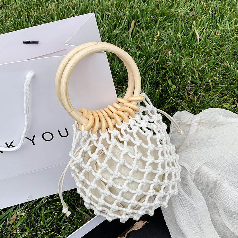 Woman Girl Fashion Woven Handbag Beach Style Wood Handle Drawstring Bucket Bag Pi-Mart