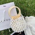 Woman Girl Fashion Woven Handbag Beach Style Wood Handle Drawstring Bucket Bag Pi-Mart
