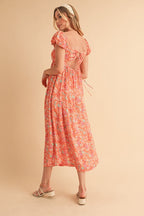 Cutout Back Floral Square Neck Puff Sleeve Midi Summer Dress For Women – Elegant & Feminine with Modern Details, Perfect for Special Occasions
