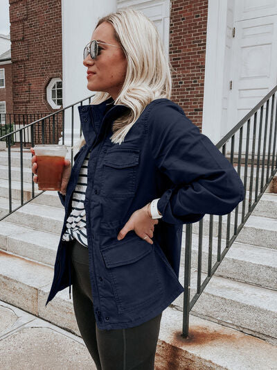 Retro Pocketed Long Sleeve Zip-Up Jacket Lightweight & Stylish Outerwear for Everyday Wear Stevvex