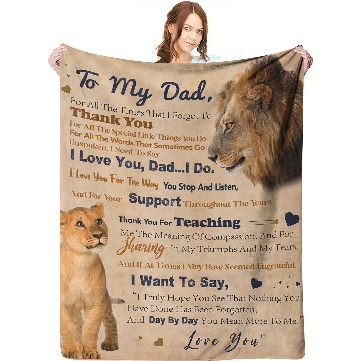 Creative Gift for Dad - Lion Design Soft Flannel Blanket with Loving Message, Cozy and Thoughtful Animal-Themed Decor Lootquake LLC