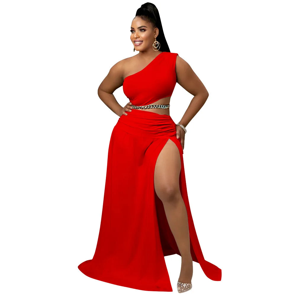 Women Clothes Set Sexy One Shoulder Crop Top Side Split A Line Skirt Beach Party Two Pieces Set Summer 2022 Purplish Diva