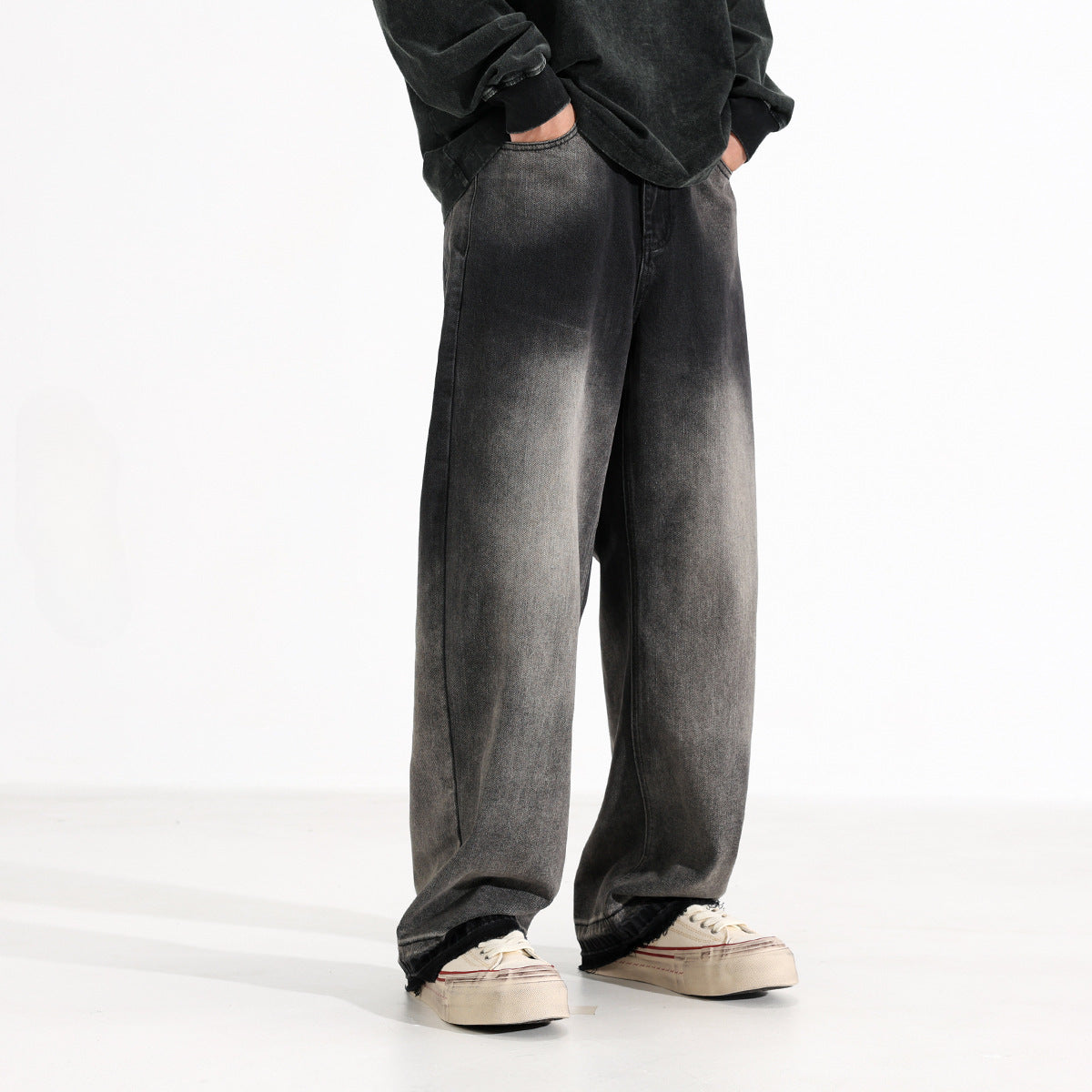 American-style Heavy Washed Black And Gray Straight Jeans Men's Loose Wide Leg Casual Trousers Lootquake LLC
