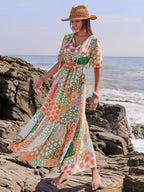 Printed Smocked Waist Short Sleeve Maxi Dress Elegant & Flowy Boho Style Dresses For Women