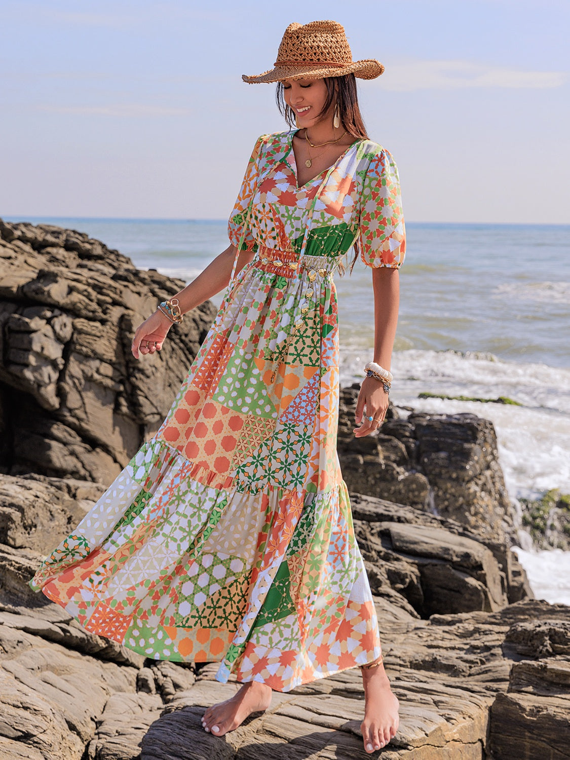 Printed Smocked Waist Short Sleeve Maxi Dress Elegant & Flowy Boho Style Dresses For Women