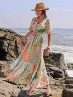 Printed Smocked Waist Short Sleeve Maxi Dress