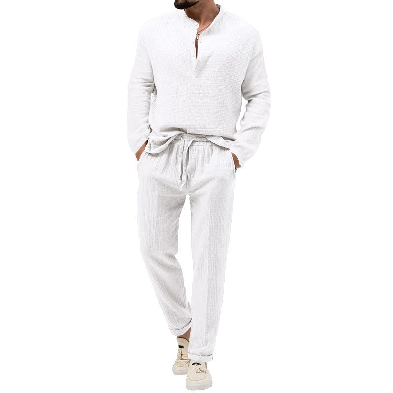 Men's Solid Color Casual Long Sleeve Shirt And Trousers Suit Lootquake LLC