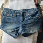 Women's retro Summer casual Buddha statue denim shorts Y2K sexy hot pants high waisted pocket embroidered street mini shorts Purplish Diva
