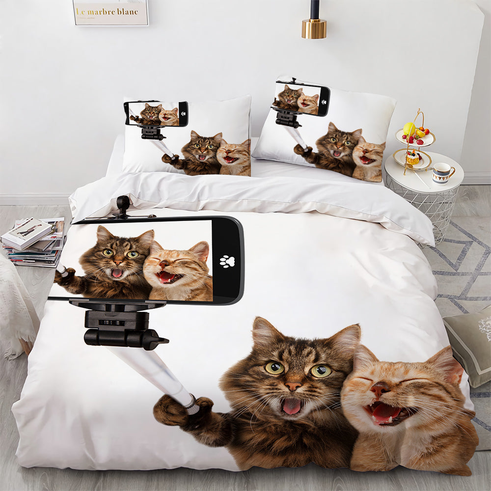 White Cute Cat Bedding Set Girl Ladies Bedroom Comfort Duvet Cover Pi-Mart
