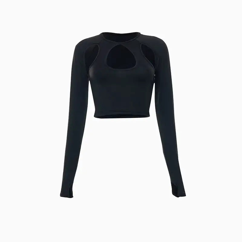 Round Neck Long Sleeve Cut Out Crop Tops - SJB-DIAMOND ELITES
