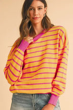 Pink Stripe Round Neck Drop Shoulder Loose Sweater