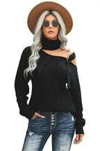 Winter Black Strapped Cut out Shoulder Turtleneck Sweater - SJB-DIAMOND ELITES