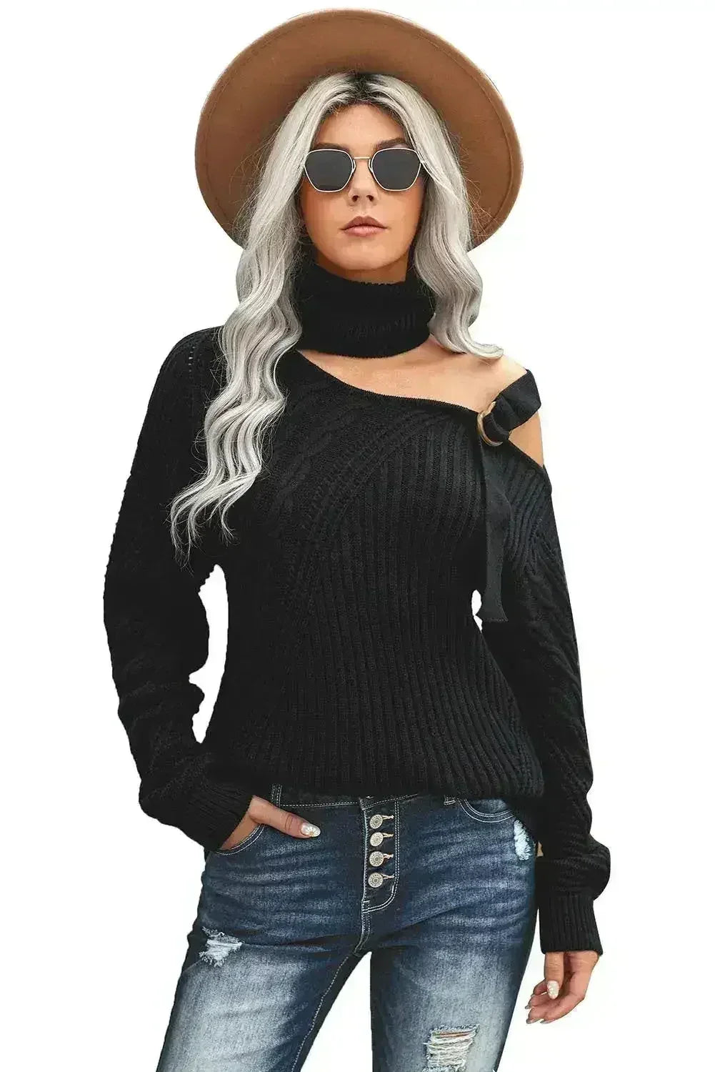 Winter Black Strapped Cut out Shoulder Turtleneck Sweater - SJB-DIAMOND ELITES