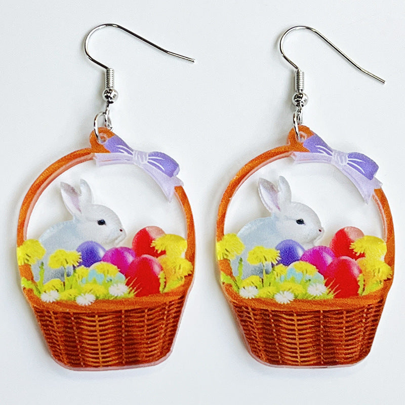 Easter Rabbit Flower Basket Cute Printed Egg Chick Spring Floral Earrings Pi-Mart