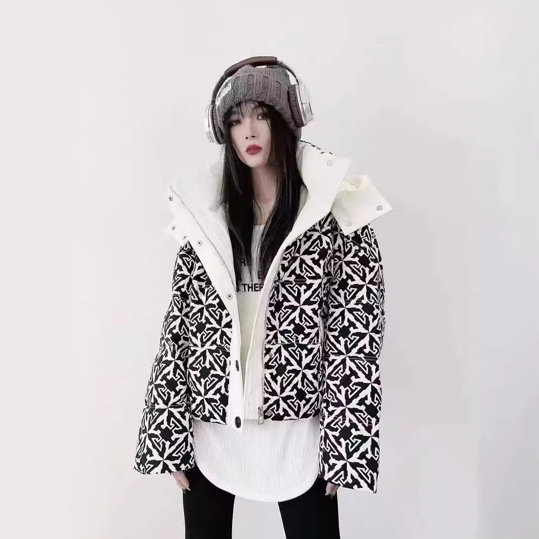 Printed Hooded Down Jacket Women's Short Pi-Mart