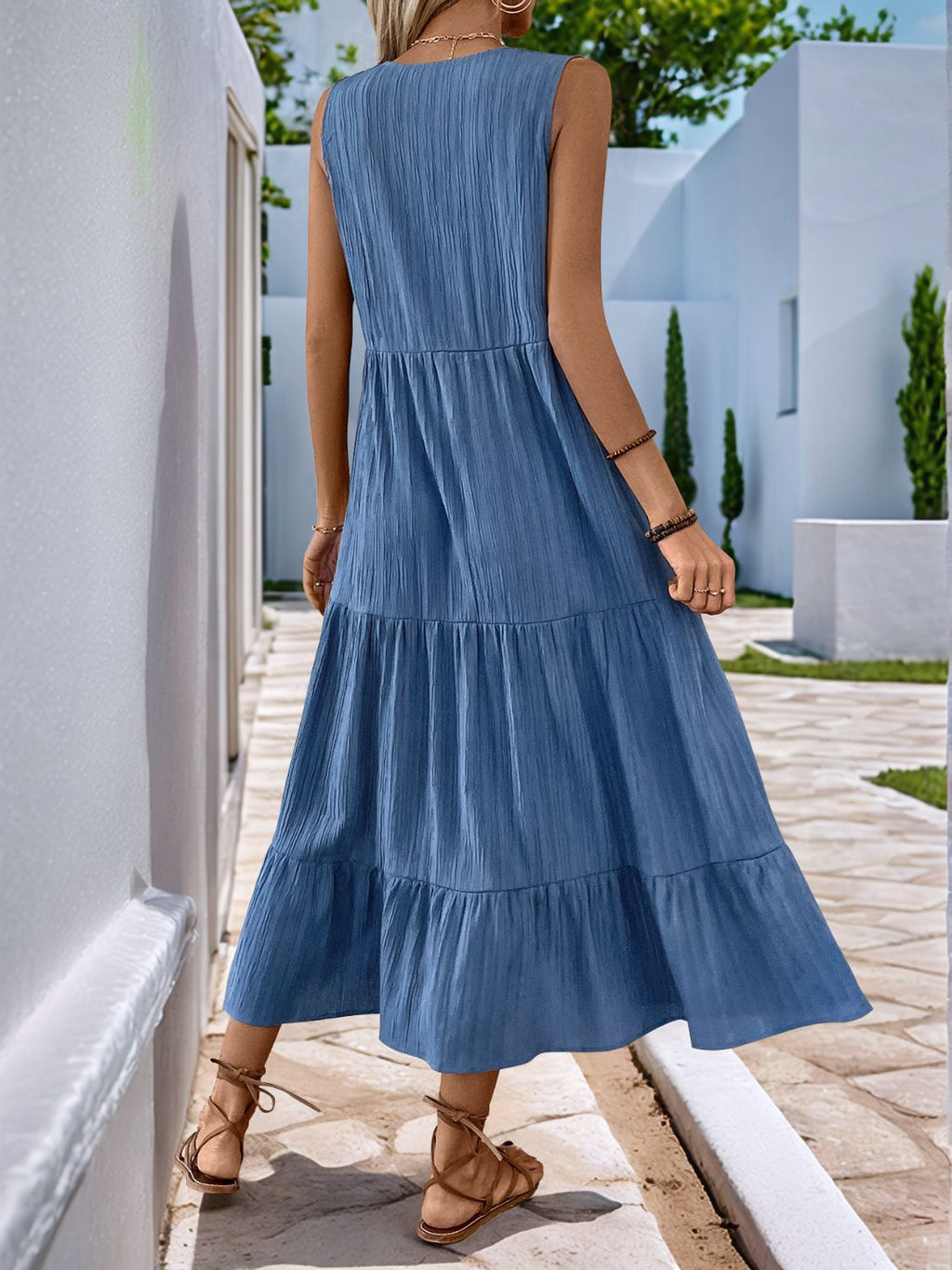 Decorative Dusty Blue Button Notched Sleeveless Dress Elegant & Feminine Style Long Dress For Women Stevvex