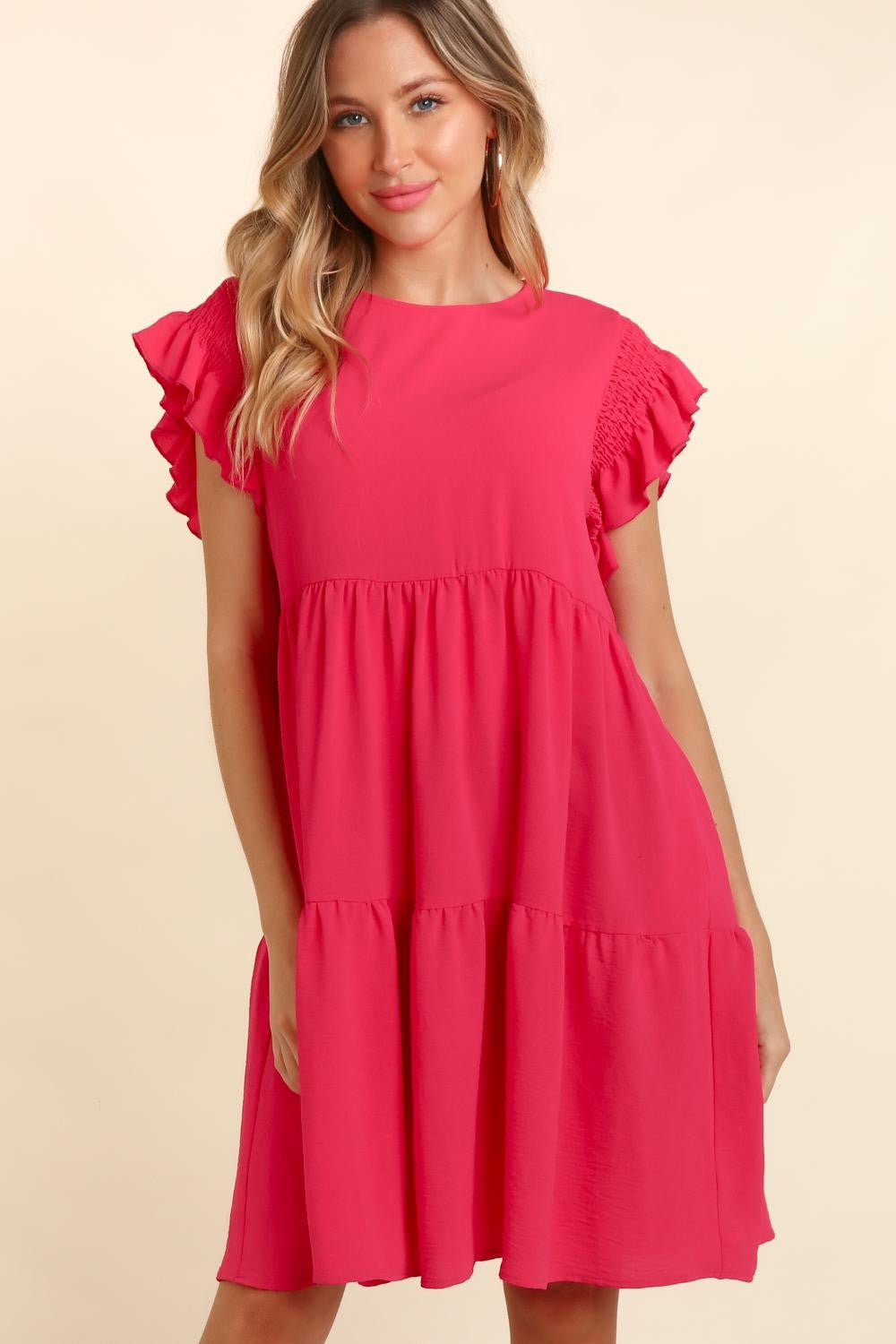 Full Size Smocking Ruffle Short Sleeve Dress with Pockets For Women – Flattering Smocked Dress, Ruffle Short Sleeve Dress, Practical Pocketed Dress, Chic Ruffle Dress, Smocked Waist Dress, Stylish Short Sleeve Dress Stevvex