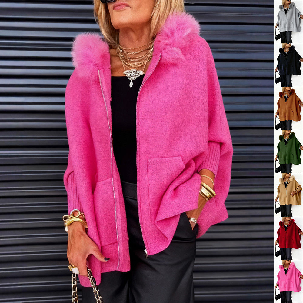 Women's Plush Hooded Cardigan - Batwing Sleeve Zip Up Knitted Jacket with Pockets
