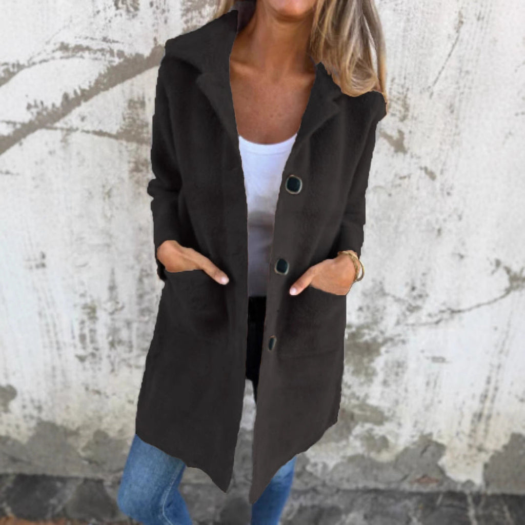 Single-breasted Polo Collar Pocket Mid-length Coat