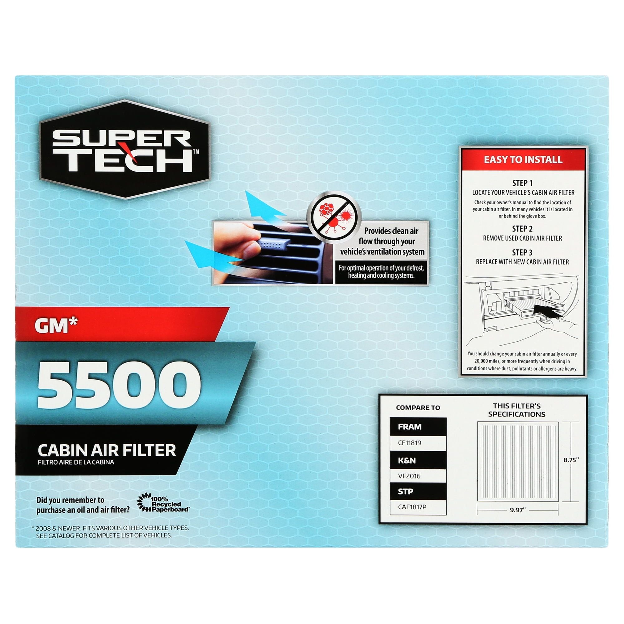 SuperTech Cabin Air Filter 5500, Replacement Cabin Air/Dust Filter for GM EasyOptionXY LLC
