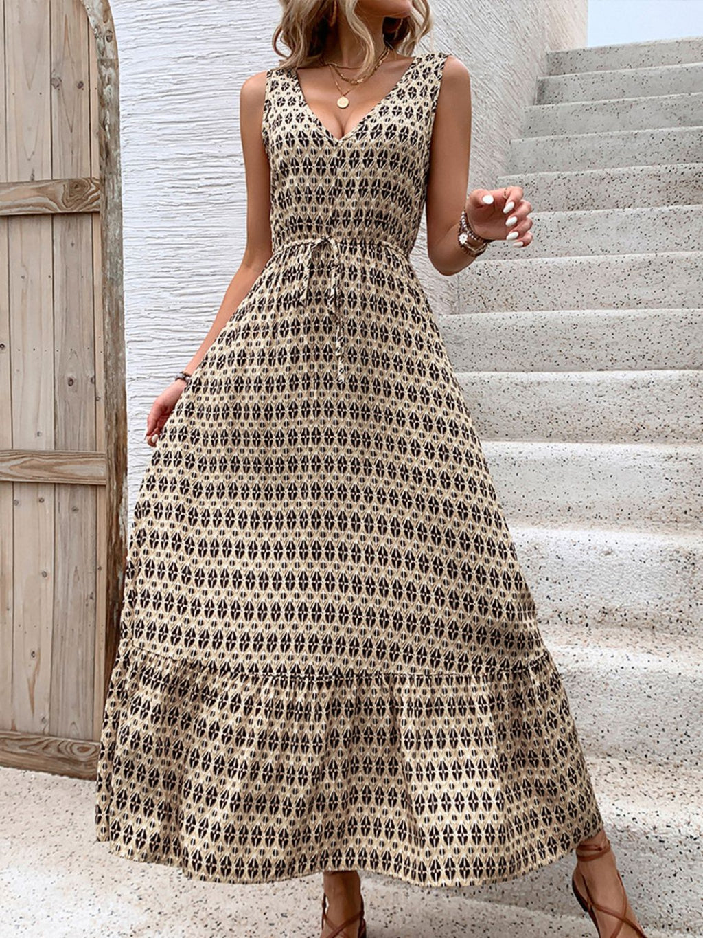 Vintage Printed V-Neck Tie Waist Midi Dress Lightweight Trendy & Elegant Dress for Women Stevvex
