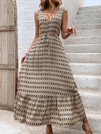 Vintage Printed V-Neck Tie Waist Midi Dress Lightweight Trendy & Elegant Dress for Women Stevvex