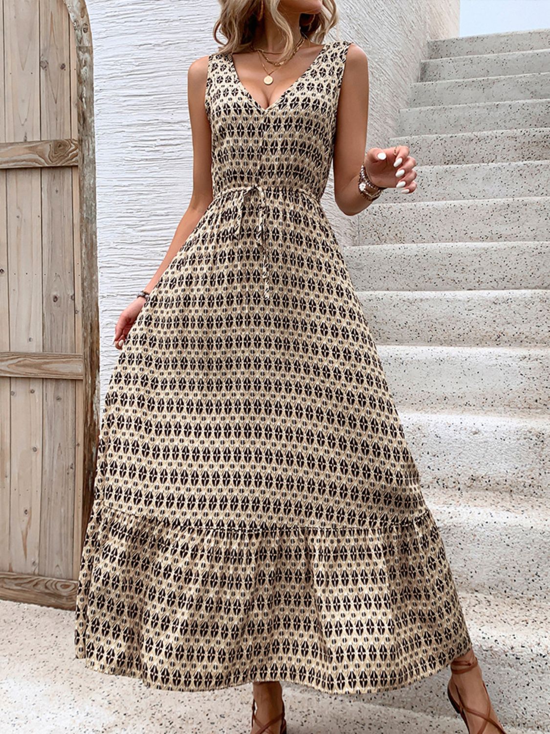 Vintage Printed V-Neck Tie Waist Midi Dress Lightweight Trendy & Elegant Dress for Women Stevvex