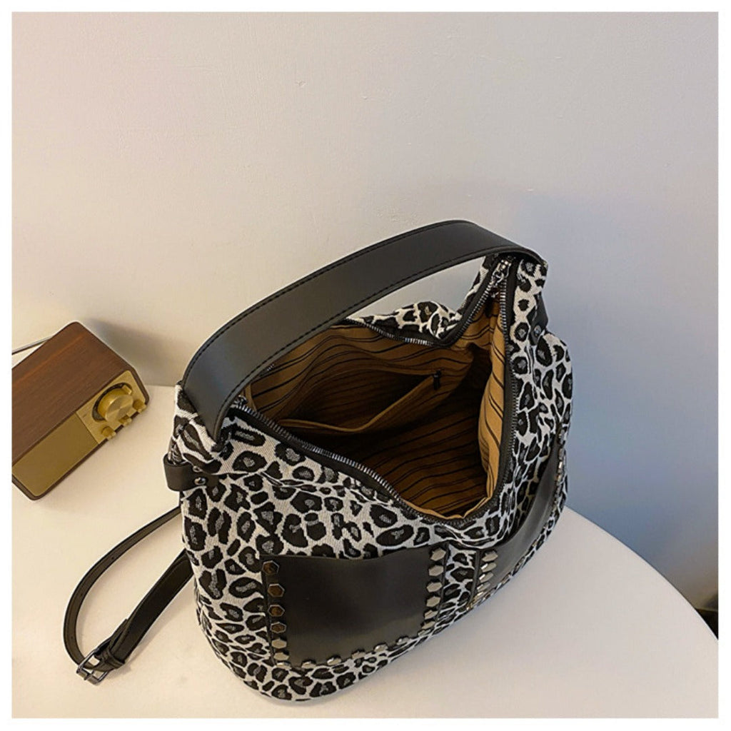 Ladies leopard print large capacity tote bag, vintage hobo bag casual, shoulder bag with crossbody strap, bag underarm bag women - SJB-DIAMOND ELITES