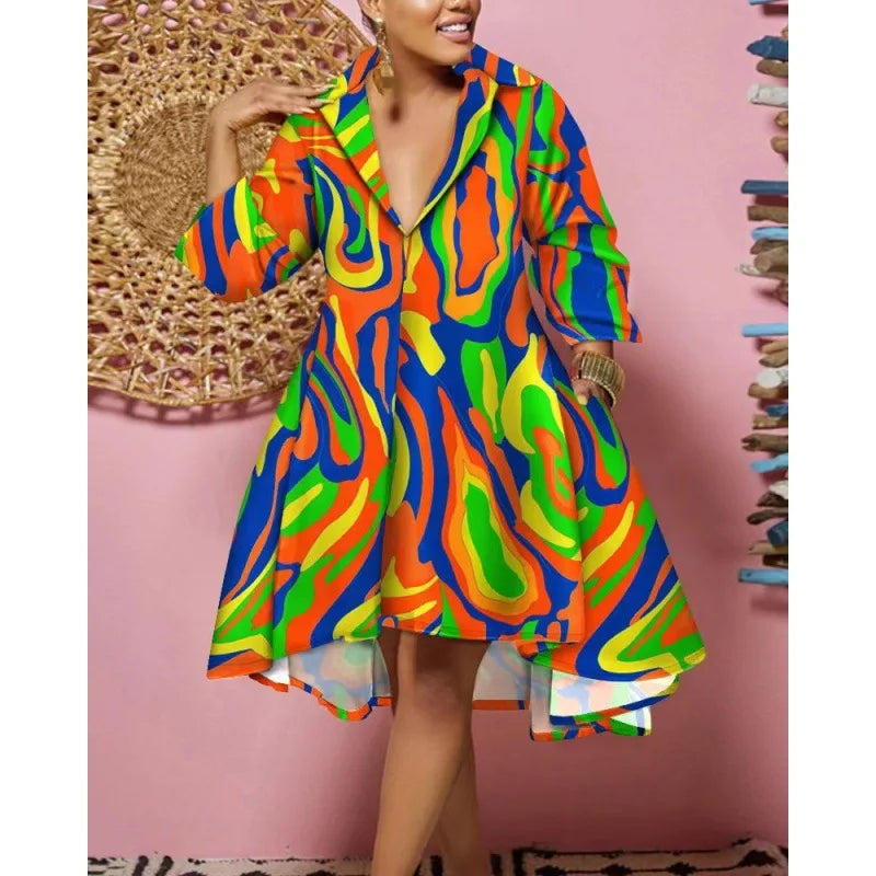 Women Sexy Fashion Printed Shirt Dresses Chic V Neck Loose Long Sleeve Dress Causal Vacation Female Mini Vestidos Robe Clothing Purplish Diva