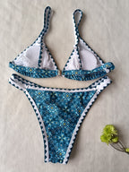 New Blossom Charm High-Cut Bikini Set For Summer – Strapless Floral Print Swimsuit with Elegant Embroidered Cut-Out Triangular Top Contrast Trim and Back Buckle – Women’s 2-Piece Summer Beachwear Stevvex