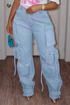 Plus Size Cargo Denim Jeans Pockets Buttons Women Fashion Jeans Pant High Waist Casual Streetwear Vintage Hip Hop Trousers Pant Purplish Diva