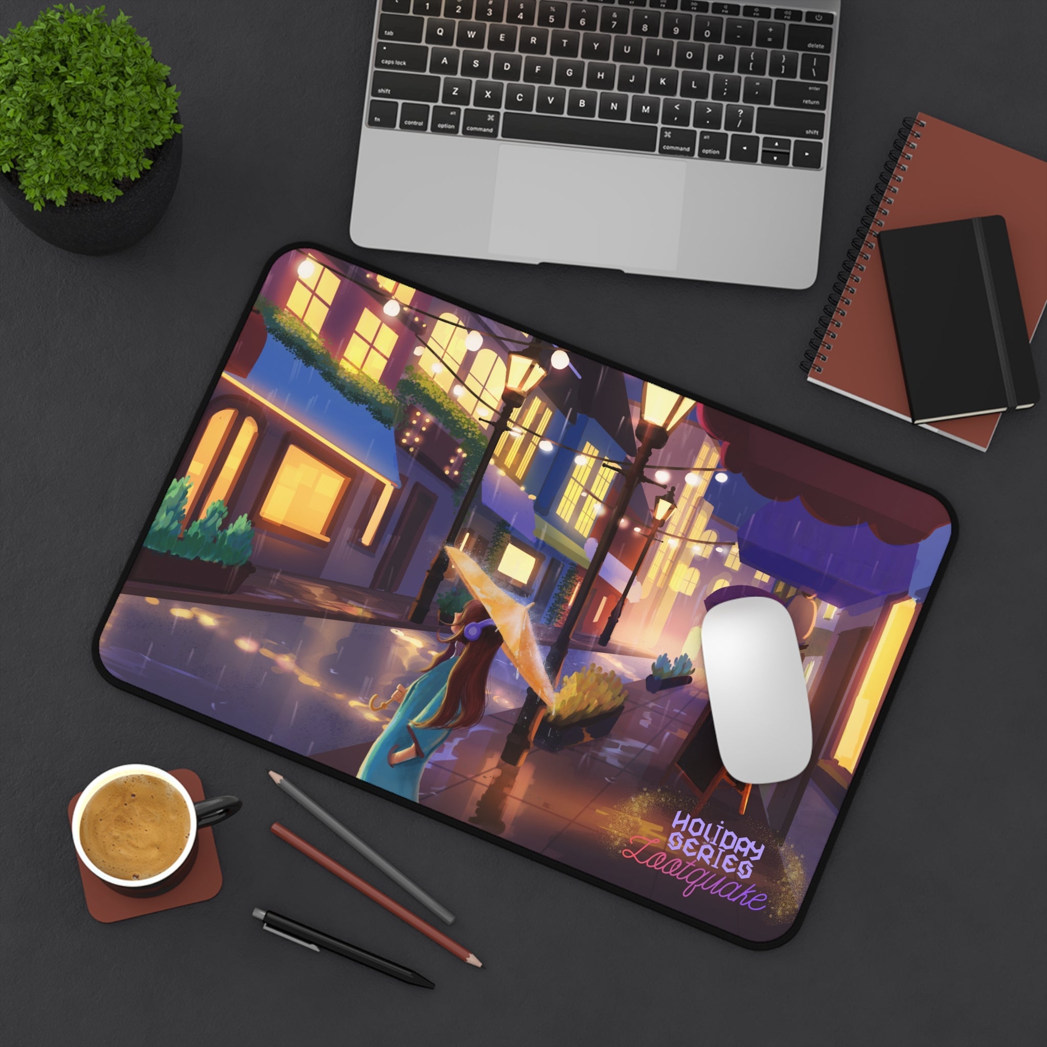 Desk Mat - Mousepad with Cozy Rainy Street Illustrations (Lootquake Holiday Series) Lootquake LLC