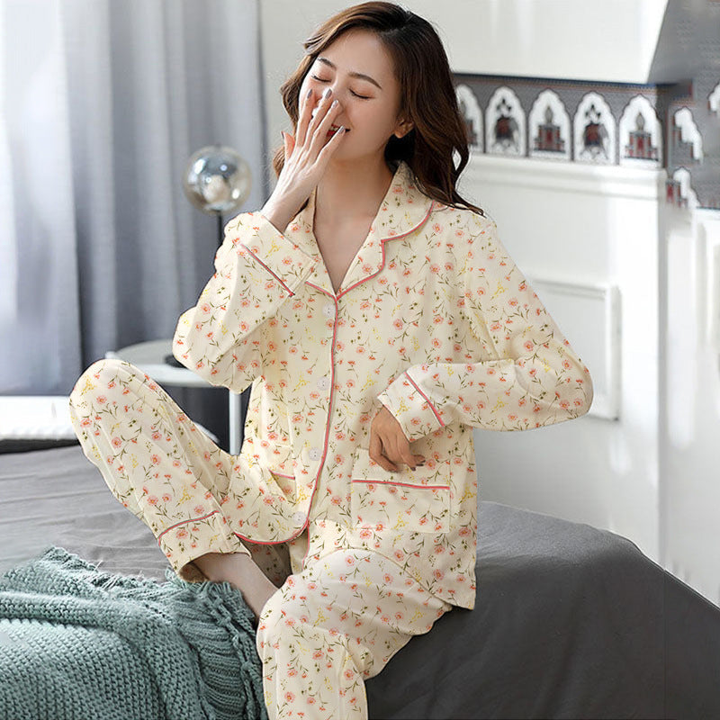 Elegant Women's Autumn And Winter Cotton-like Long Pajamas Two-piece Set Pi-Mart