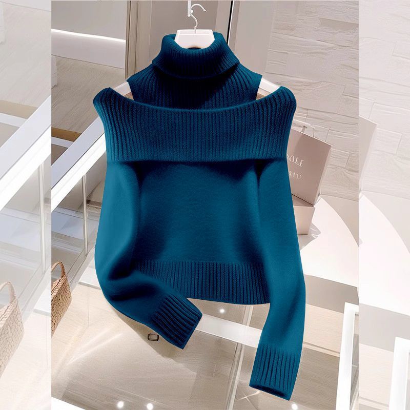 Soft Glutinous Idle Style Off-the-shoulder Bulky Turtleneck In Apricot Sweater Pi-Mart