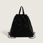 Women's bag matte suede backpack purse, splicing colored gemstone chain backpack, drawstring portable backpack