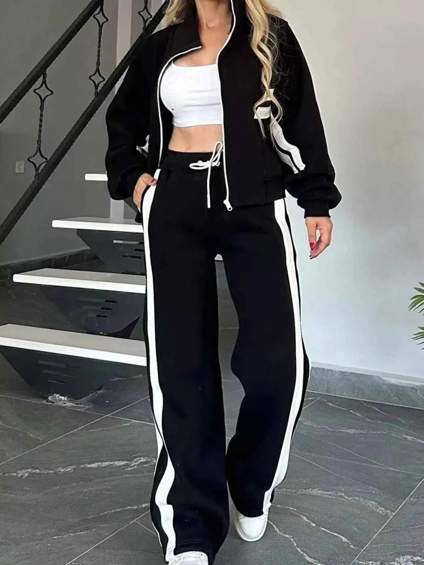 Plus Stripes Zip Set: Full-Size Comfort Duo THRIXINE