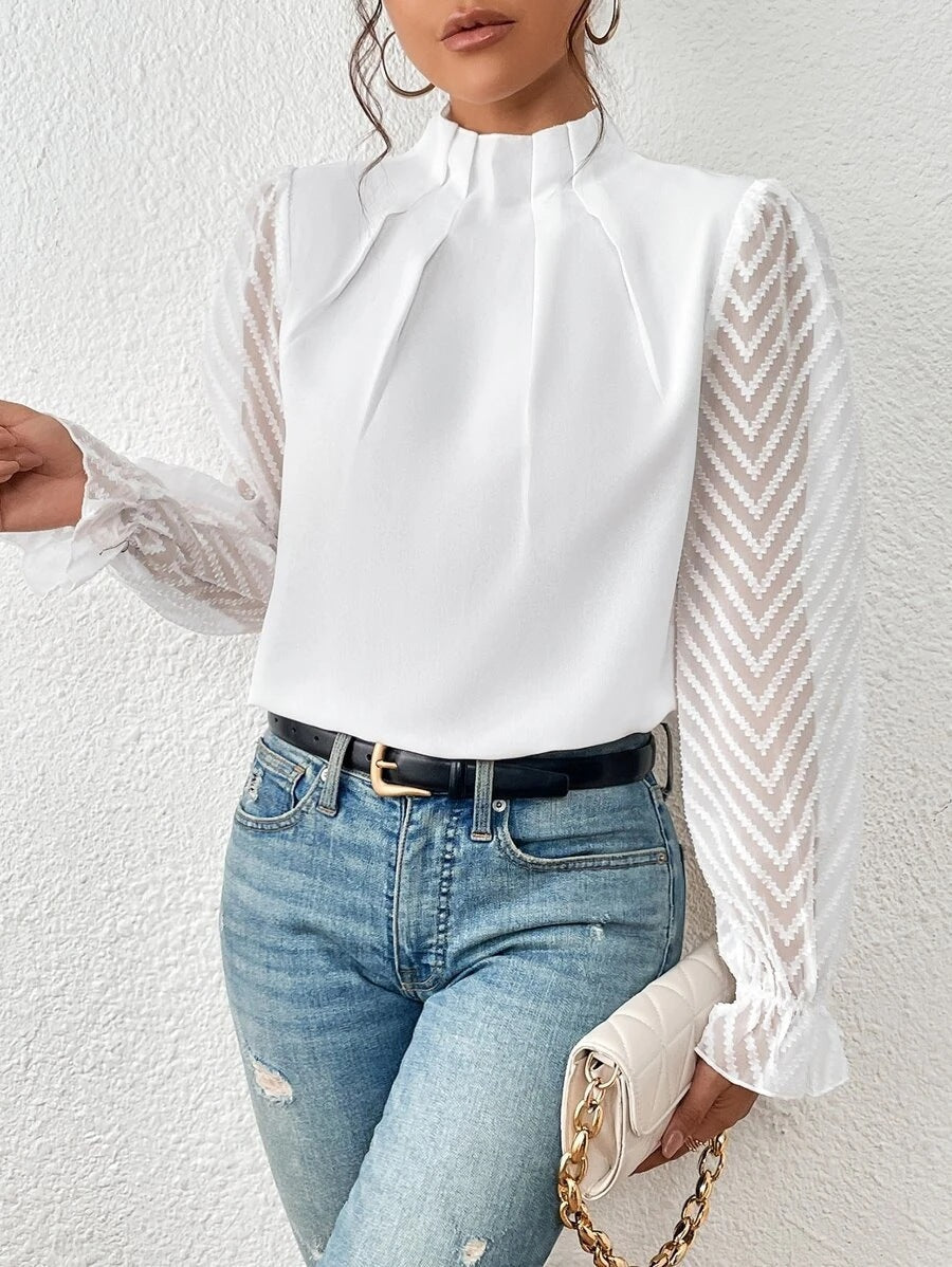 Women's Half-turtleneck Stitching Wavy Chiffon Long-sleeved Top Pi-Mart
