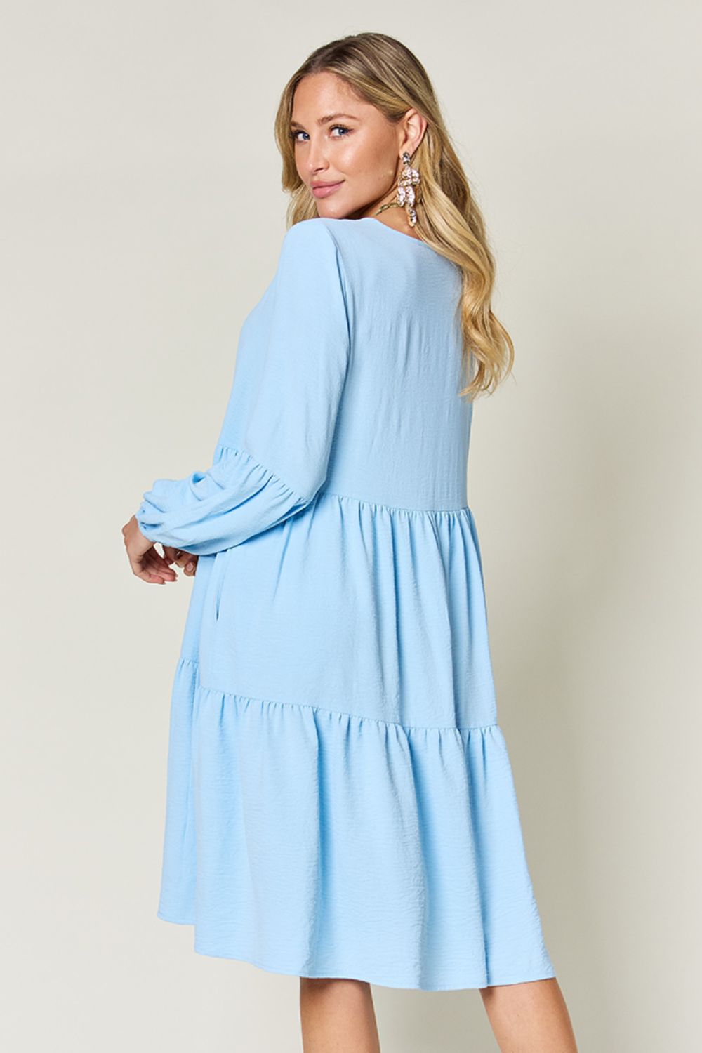 Light Green Double Take Full Size V-Neck Sleeve Tiered Dress with Pockets Elegant & Comfortable Casual Dress Stevvex