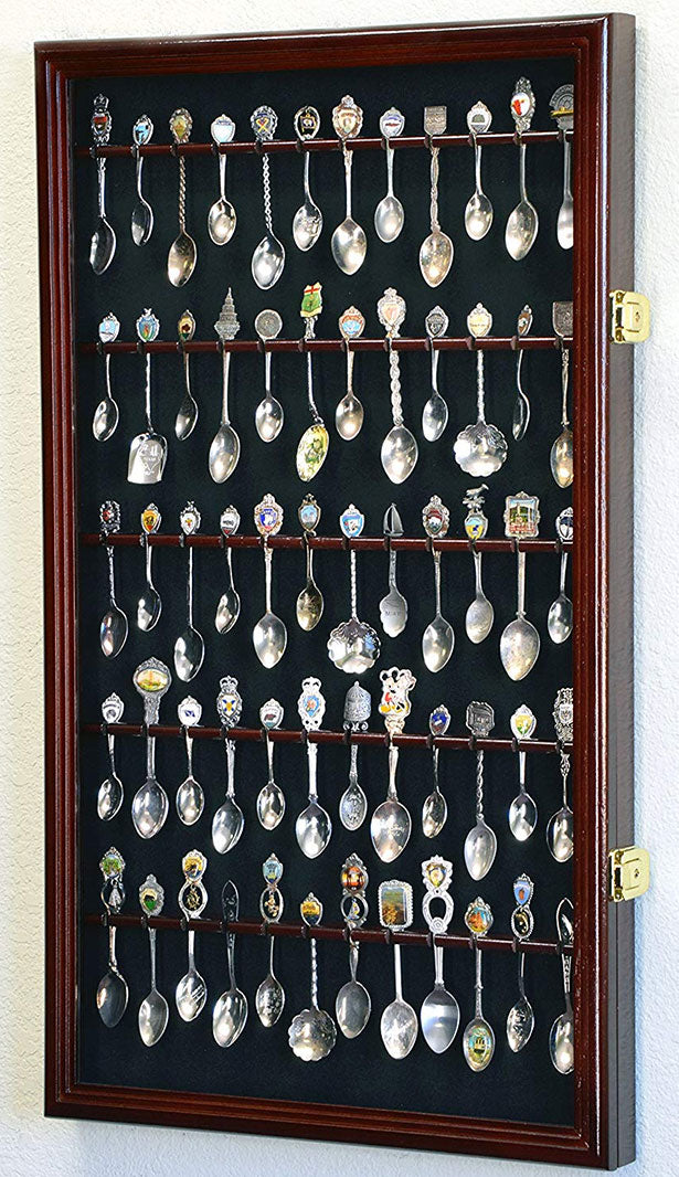 50 Spoon Display Case Cabinet Holder Rack Wall Mounted -Cherry Finish The Military Gift Store