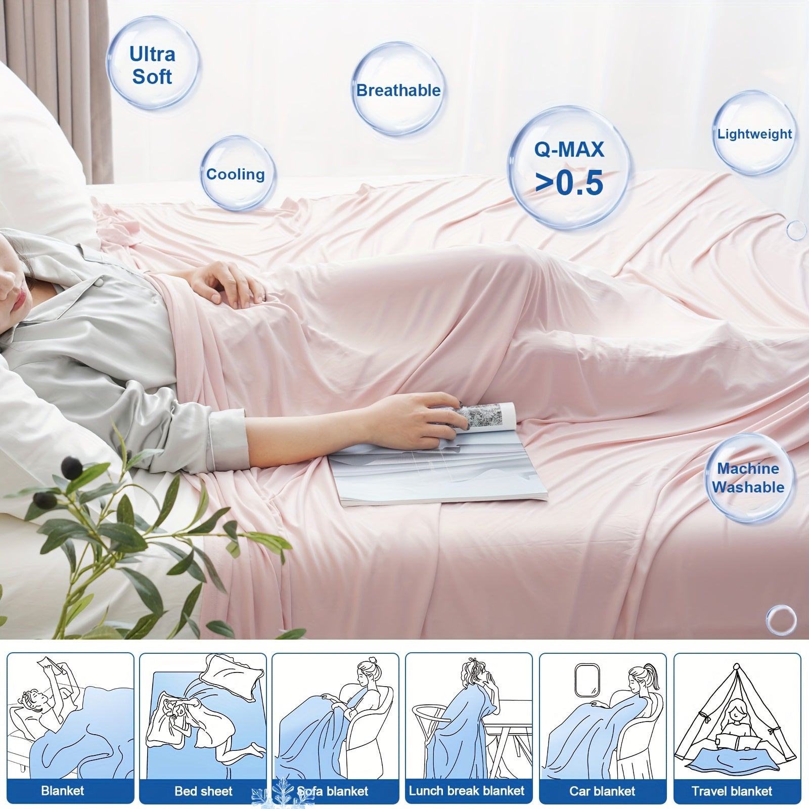 Cooling Blanket For Hot Sleepers - Soft, Breathable, Lightweight, Portable Silky Durable Single Layer Throw With Reversible Design, Ideal For Home Office Travel Car, Summer Use, Machine Washable - 1Pc Lootquake LLC