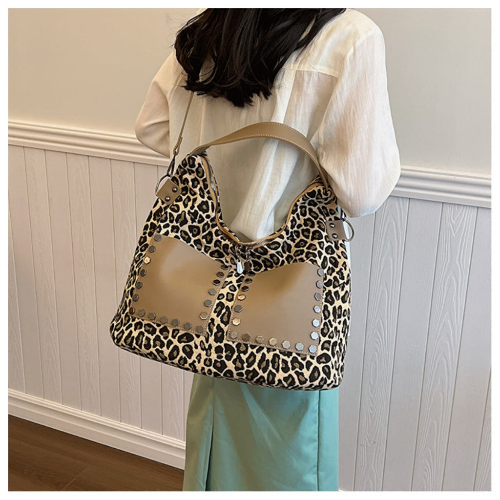Ladies leopard print large capacity tote bag, vintage hobo bag casual, shoulder bag with crossbody strap, bag underarm bag women - SJB-DIAMOND ELITES