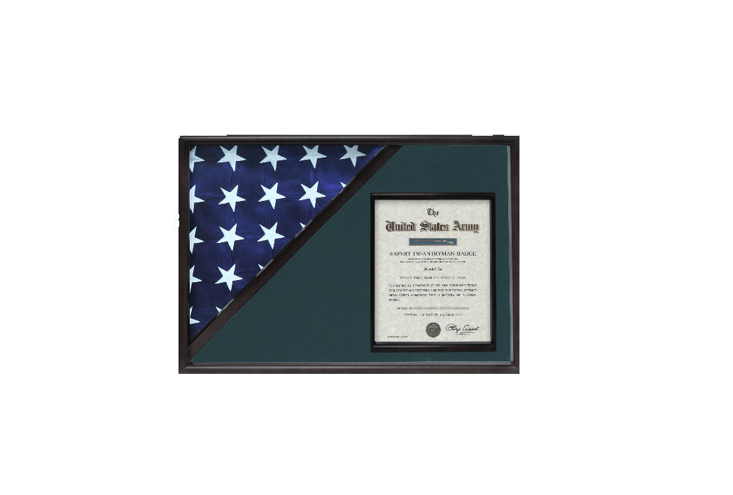 Shadow box for 5' x 9.5' flag with 8.5 x 11 Document holder, Black Finish The Military Gift Store