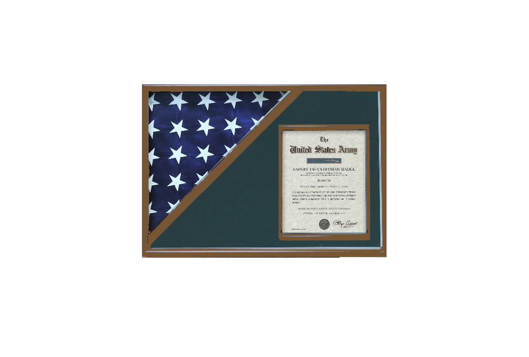 Shadow box for 5' x 9.5' flag with 8.5 x 11 Document holder, Walnut Finish The Military Gift Store