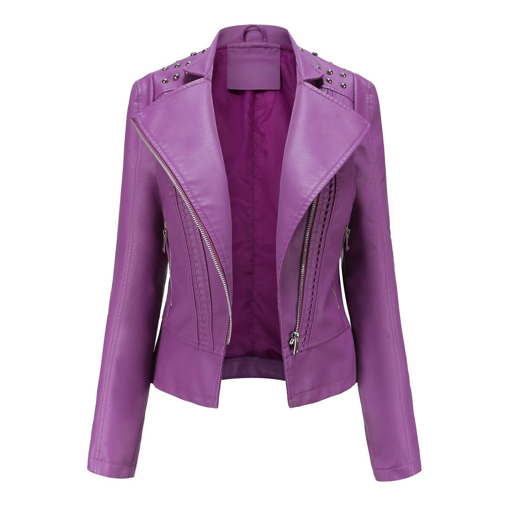 Beaded Leather Women's Long-sleeved Fashion Jacket Lapel Motorcycle Clothing Thin Women's Jacket Pi-Mart