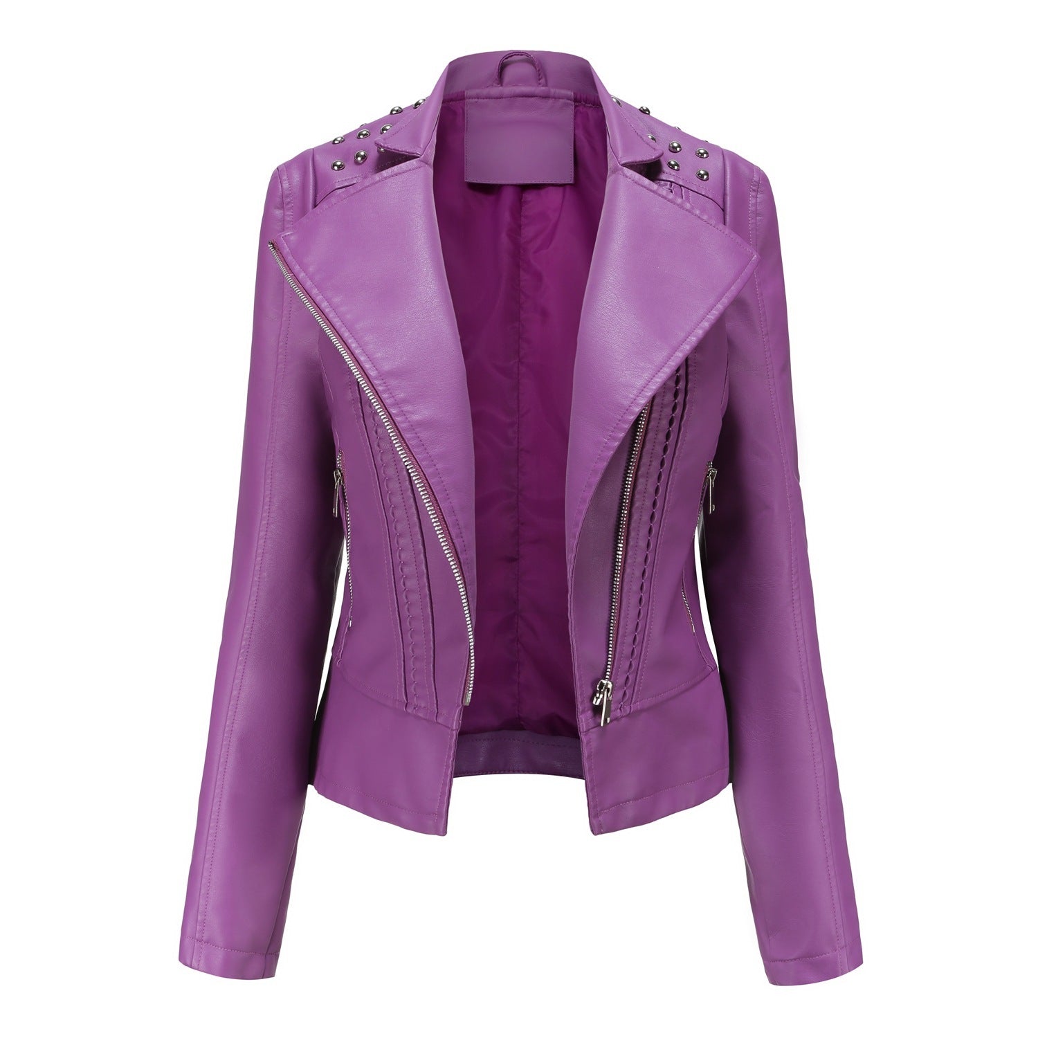 Beaded Leather Women's Long-sleeved Fashion Jacket Lapel Motorcycle Clothing Thin Women's Jacket Pi-Mart