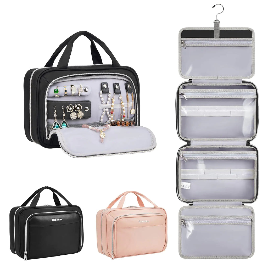 OlarHike Toiletry Bag,Large Size Waterproof Hanging Bags, Makeup Jewelry 3 in 1 Essentials Travel Packing Organizers, Fulled-Sized Family Pack, Shampoo, Conditioner, Brushes Set (Black) Large Black Pi-Mart