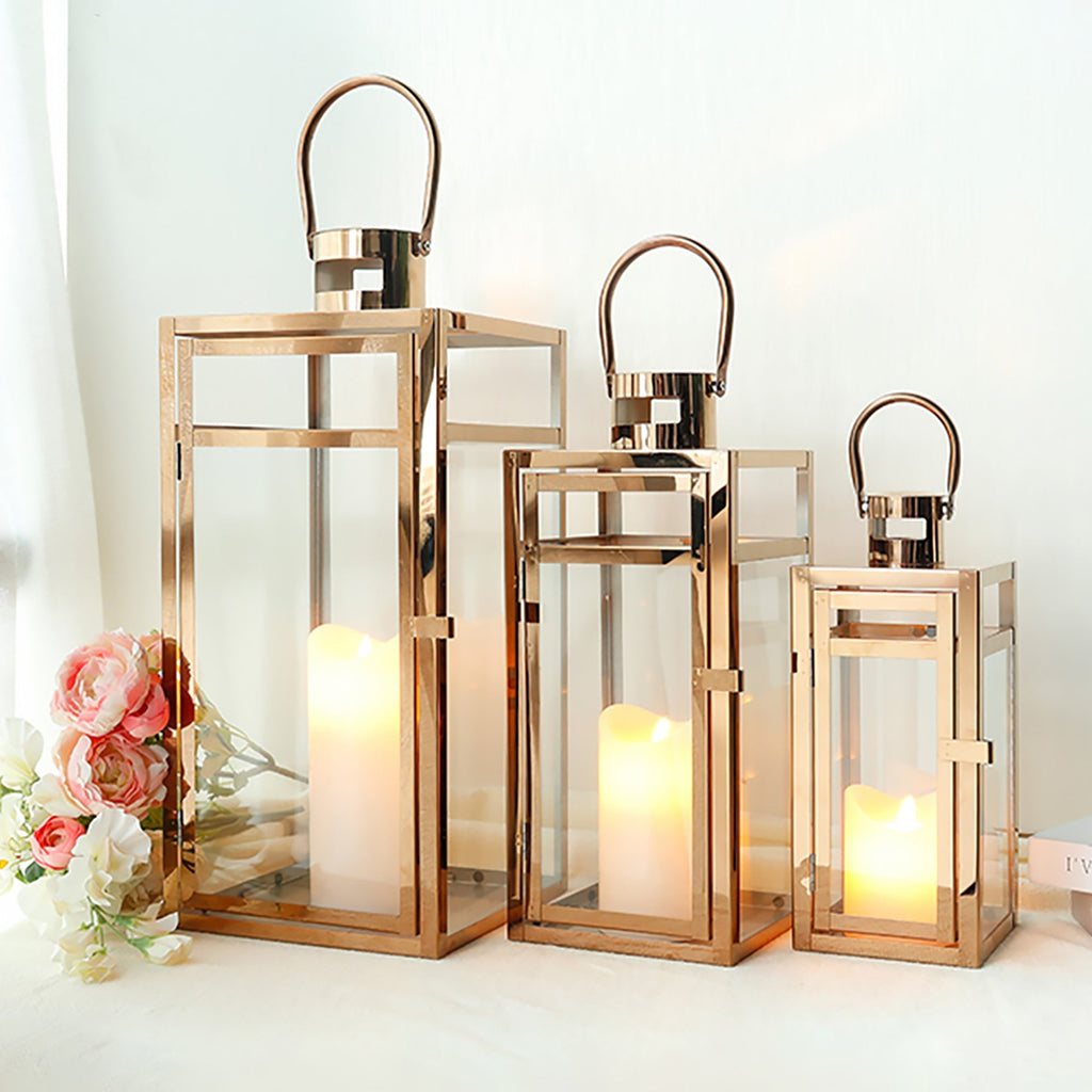 19''&15''&12'' H Stainless Steel Metal Candle Lantern  Candle Holder with Temper Glass Panels(Set of 3 Rose Gold) Lootquake LLC