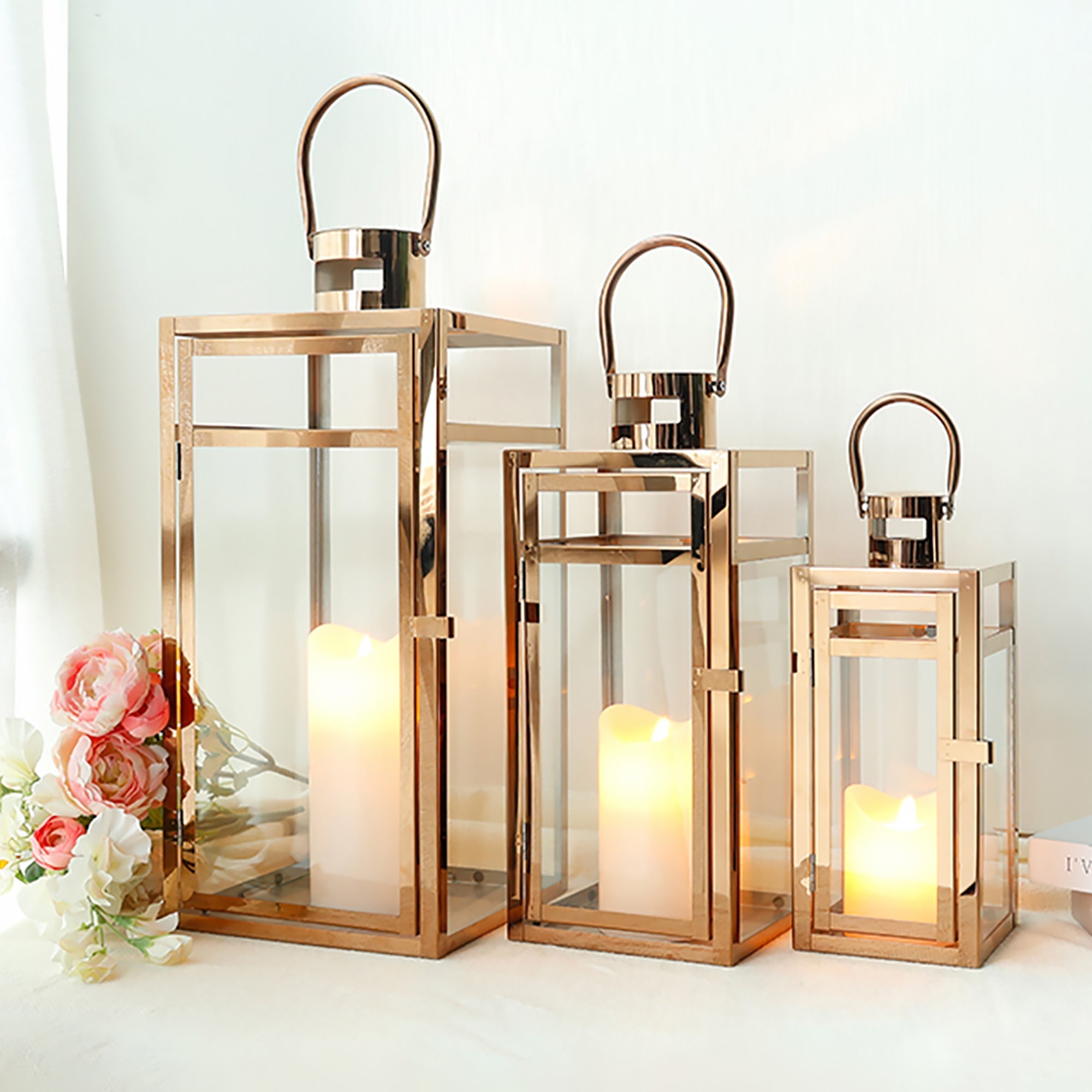 19''&15''&12'' H Stainless Steel Metal Candle Lantern  Candle Holder with Temper Glass Panels(Set of 3 Rose Gold) Lootquake LLC